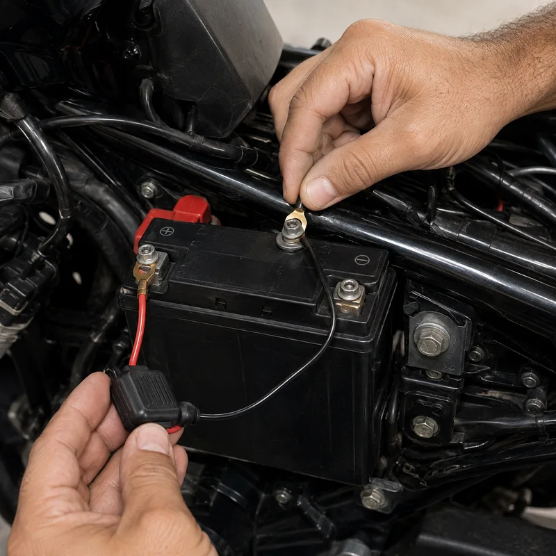 Cabo com fusível de proteção sendo ligado no polo da bateria da moto