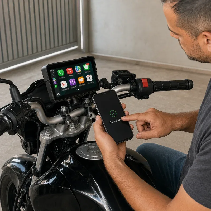 Celular conectado à central multimídia da moto mostrando a tela do CarPlay